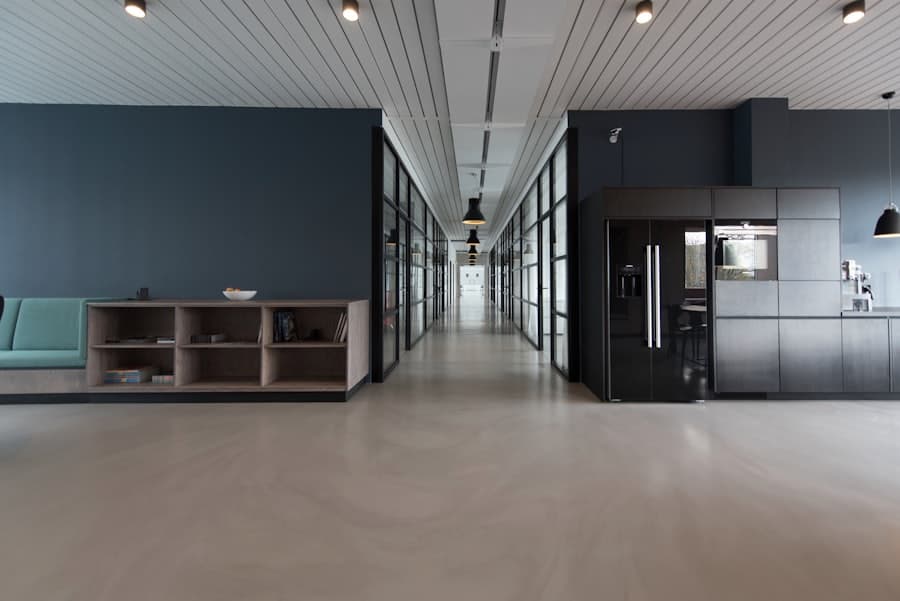 Bright modern office interior with desks and large windows